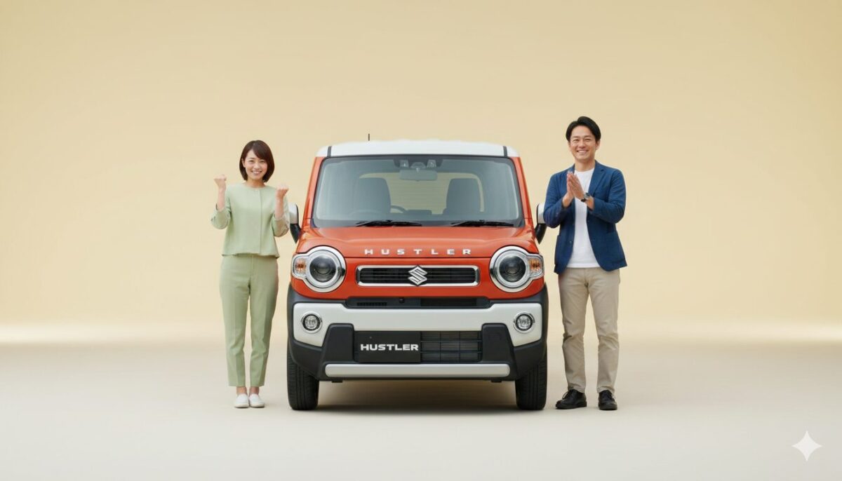 オレンジカラーのハスラーの隣で喜ぶ男女