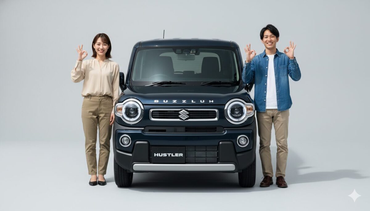 黒のハスラーの脇でOKマークを作る20代の男女