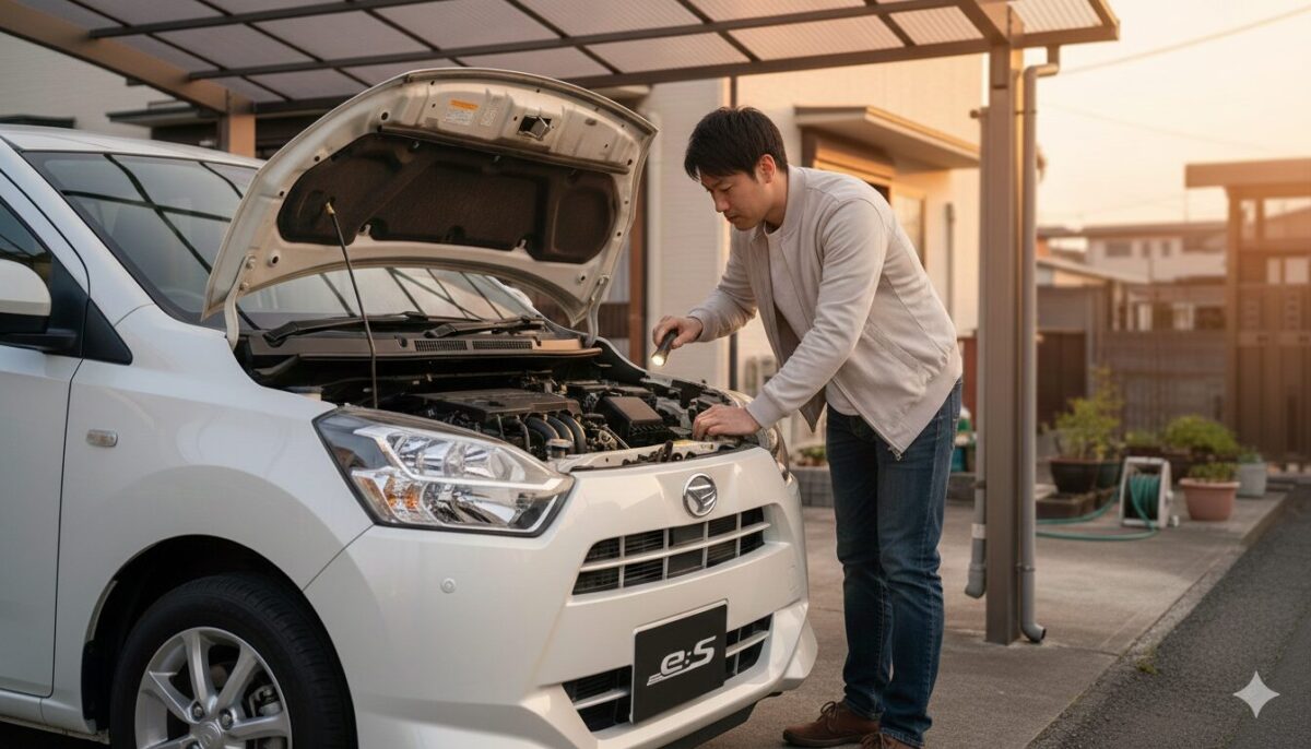 ガレージでミライースの整備をする男性