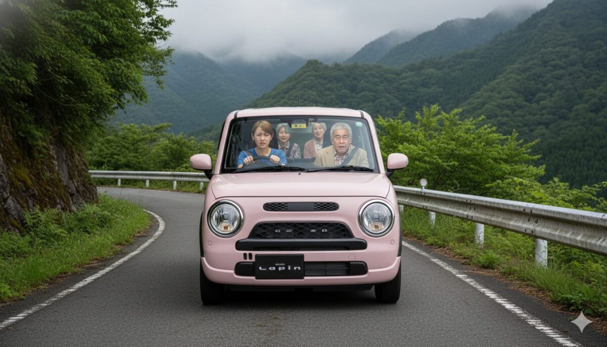 山道をラパンLCでドライブする家族