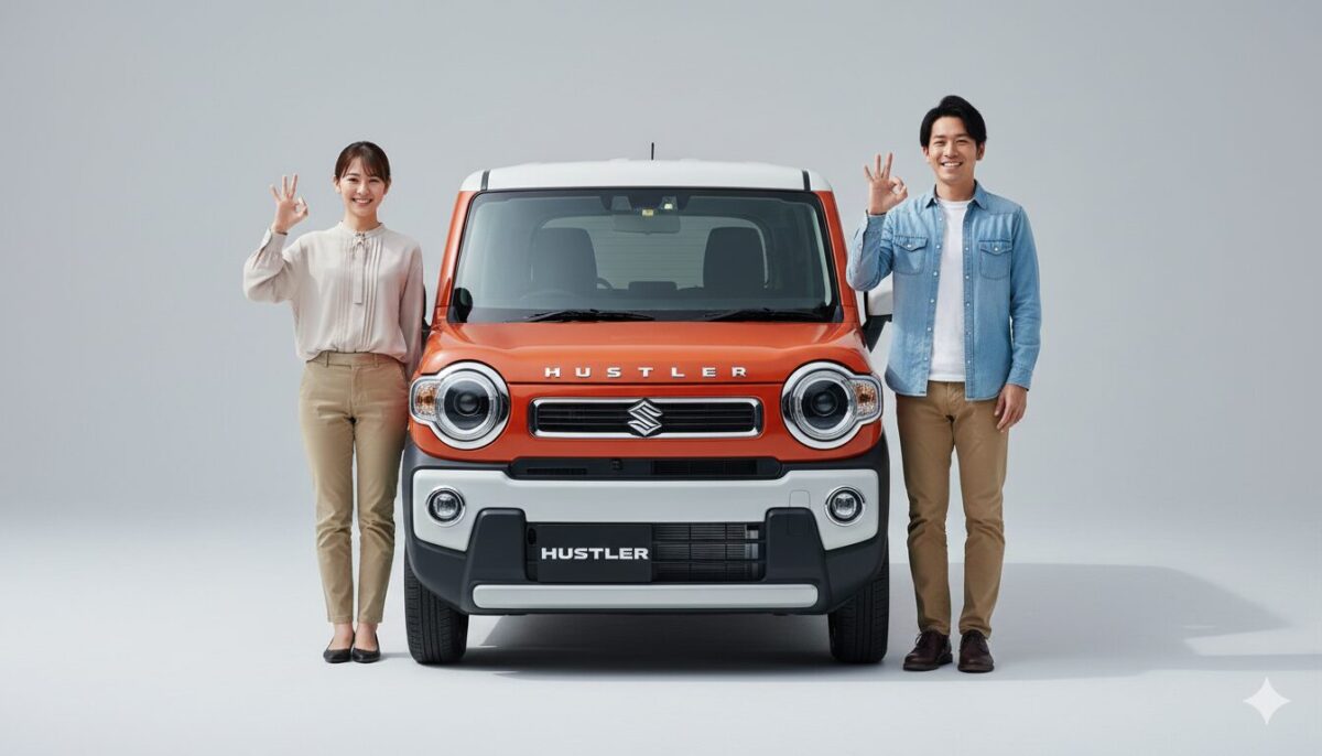 オレンジのハスラーの横でOKマークを作る男女