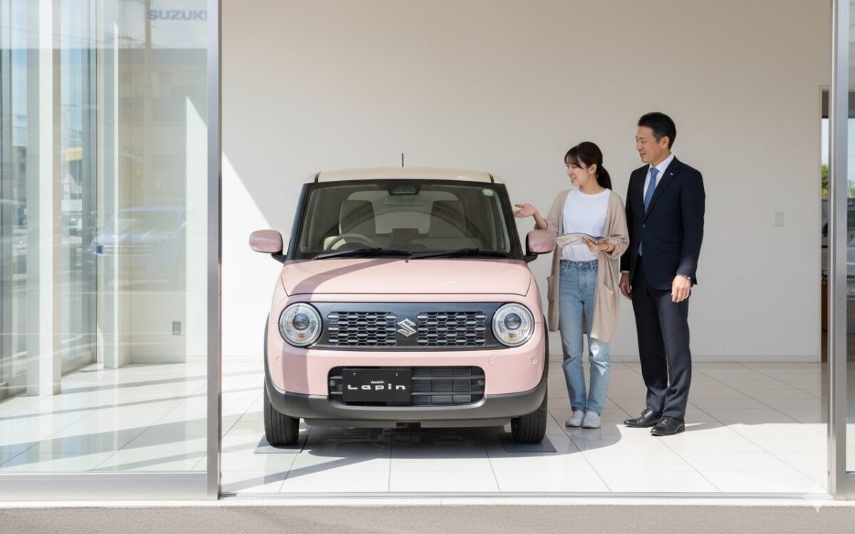 ディーラーでスタッフにラパンを紹介してもらっている女性