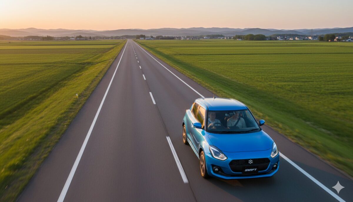 郊外の一本道を走る青のスイフト