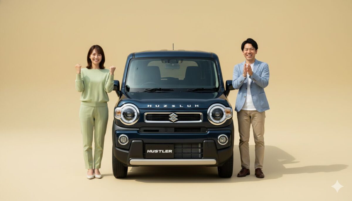 ブラックのハスラーの脇で喜ぶポーズを作る30代の男性と女性