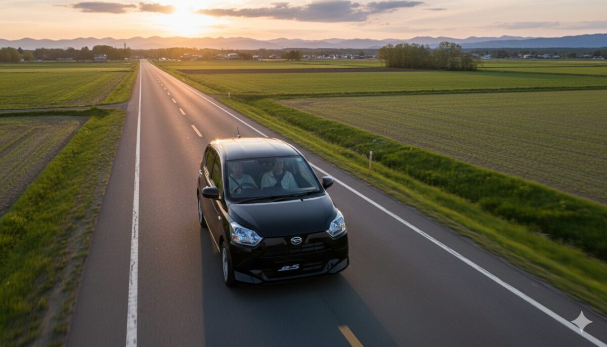 夕暮れの道を疾走する黒のミライース