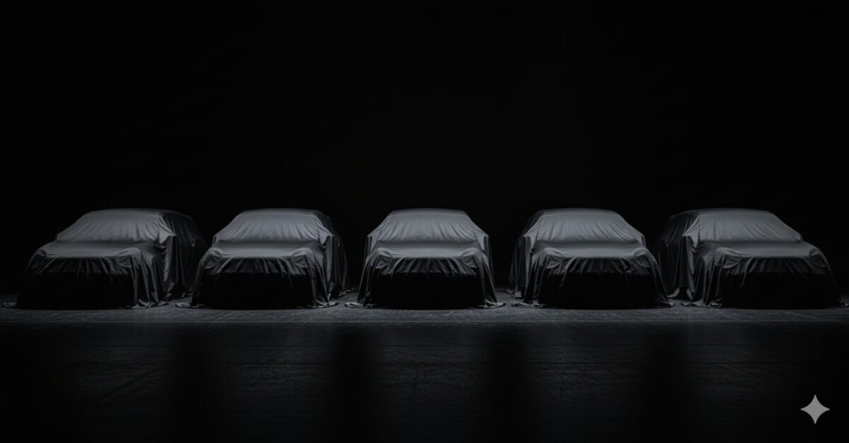 黒いカバーがかけられた5台の軽自動車