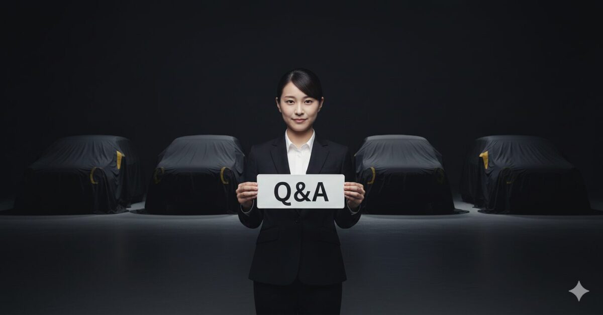 カバーがかけられた軽自動車の前でQ&Aのプレートを持つ女性