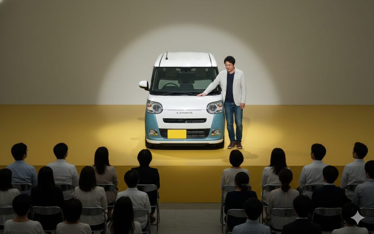 ステージに展示されたムーブキャンバスと30代の男性