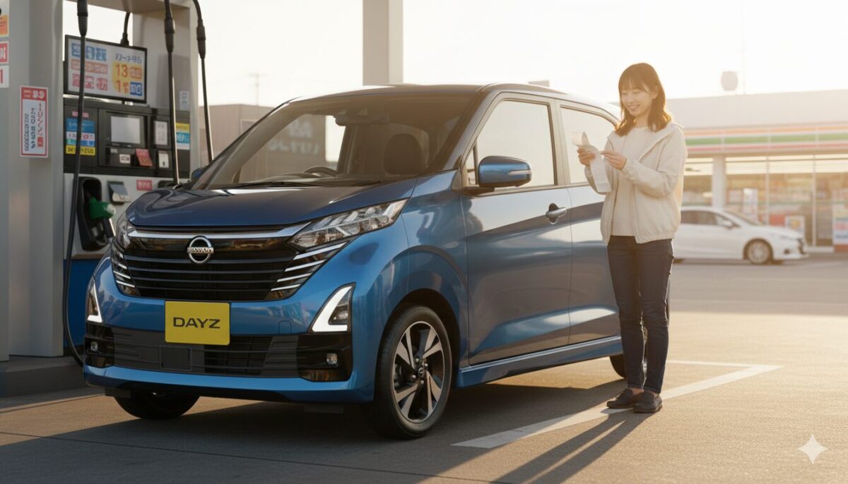 ガソリンスタンドに停めた日産デイズとレシートを見る女性