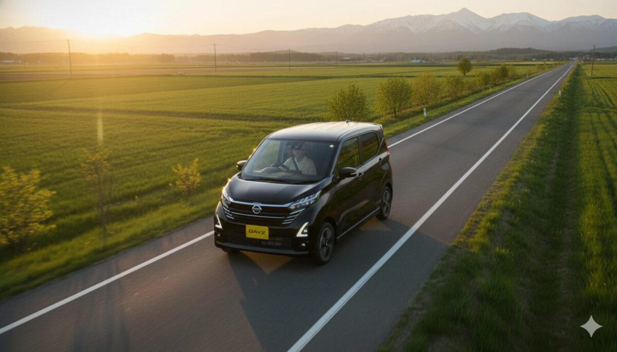 郊外の一本道を走る日産デイズ