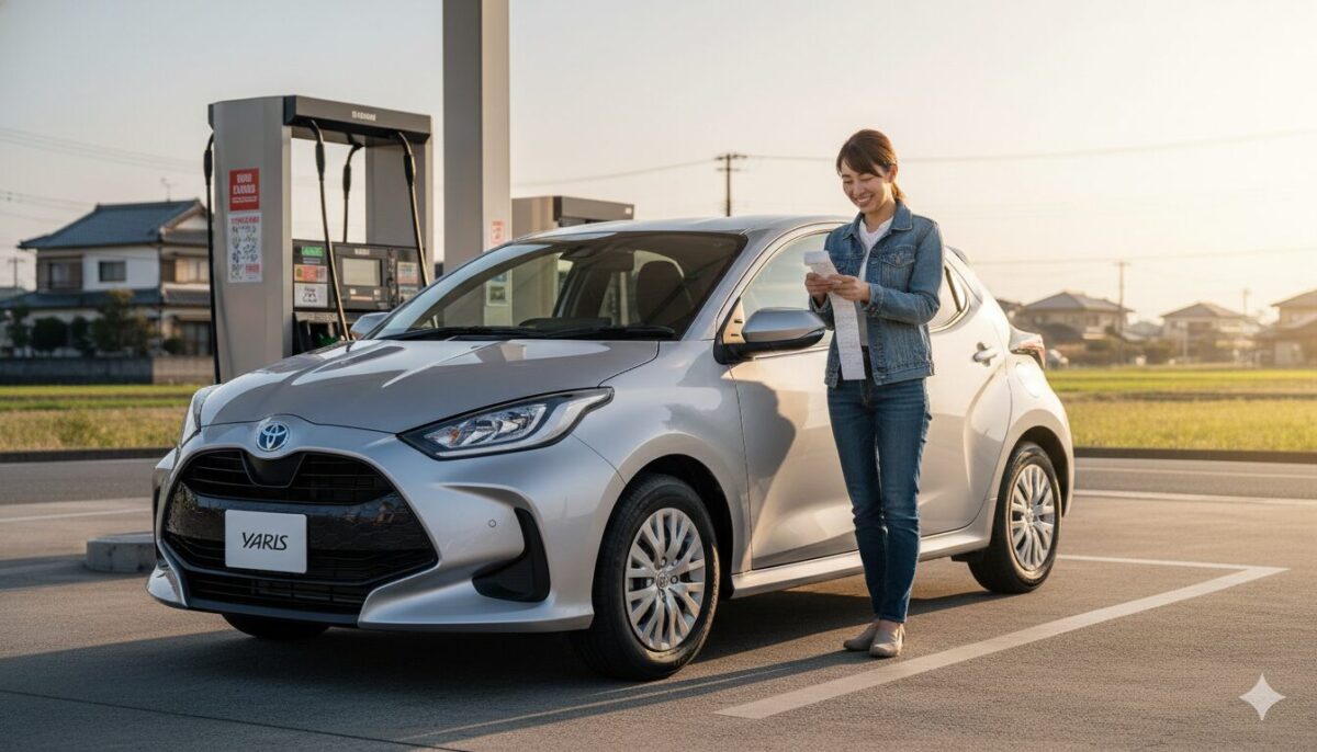 給油したヤリスの横でレシートを確認する若い女性