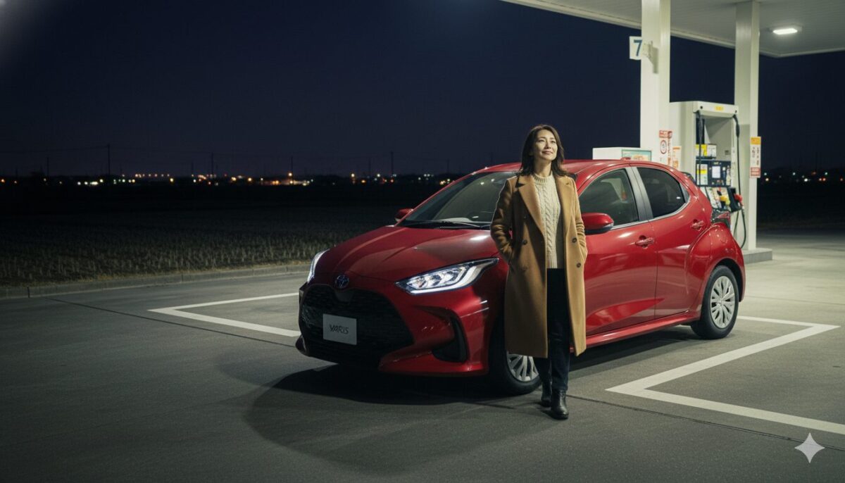 夜のガソリンスタンドでヤリスに給油する女性