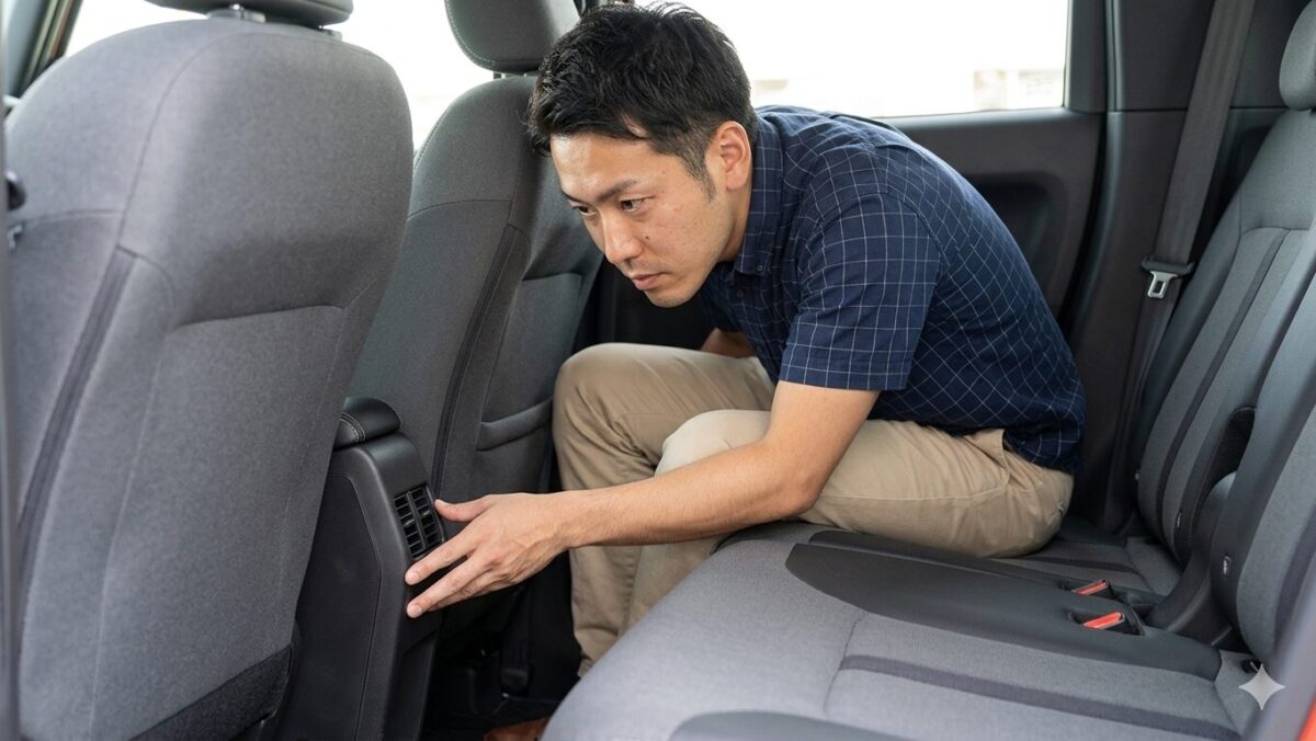 軽自動車の後部座席にエアコンの吹き出し口があるか探す男性