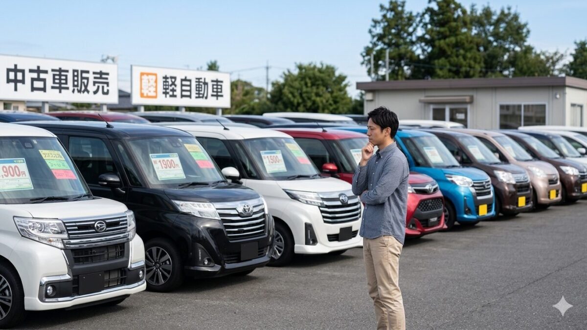 中古車販売センターで軽自動車をながめる男性
