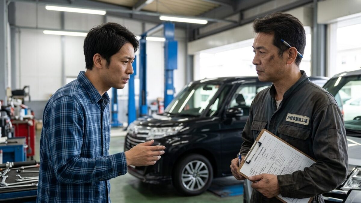 自動車整備工場でスタッフに相談する男性