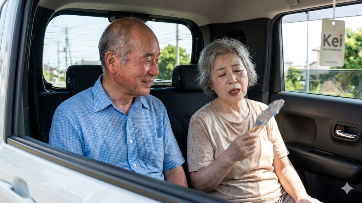 軽自動車の後部座席で暑そうにしている老夫婦