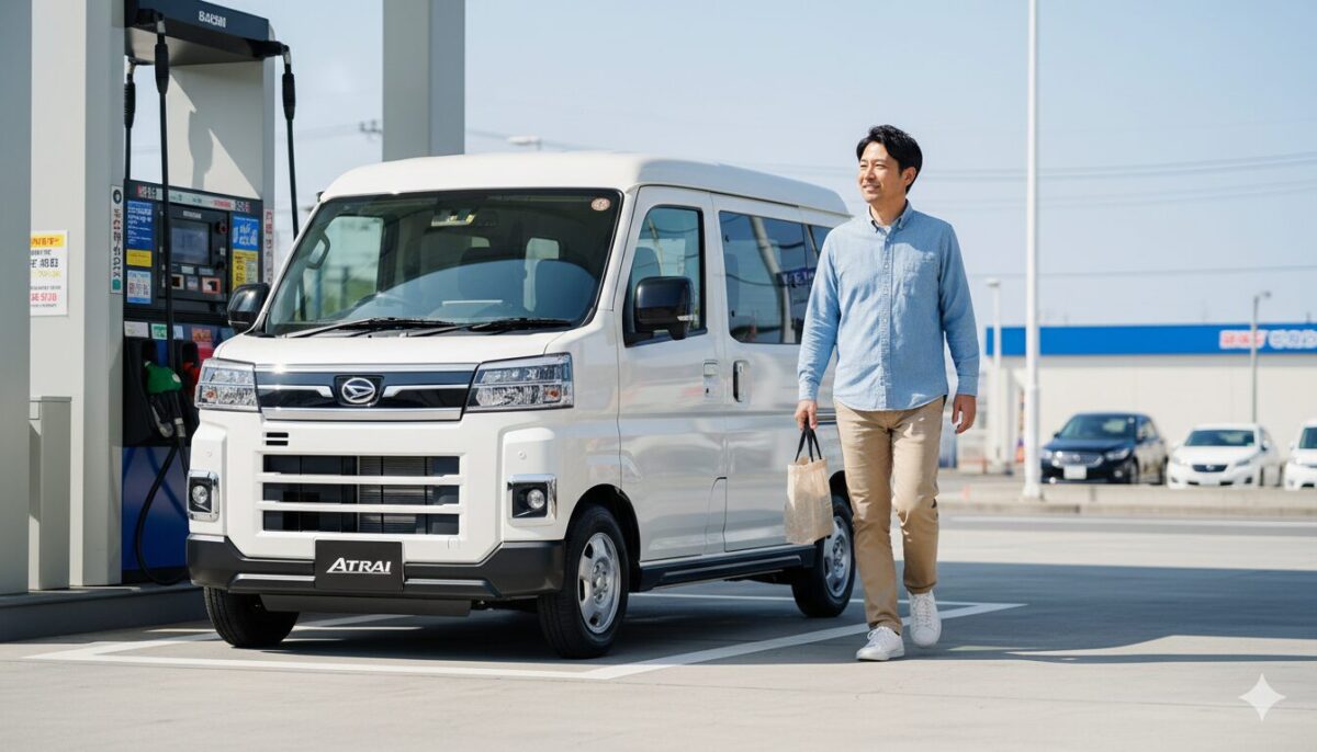 白のアトレーでガソリンスタンドに来た男性