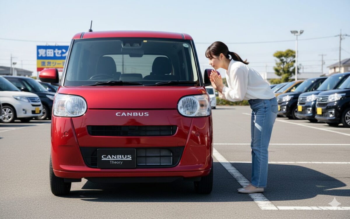 赤いキャンバスセオリーの車内を見ている女性