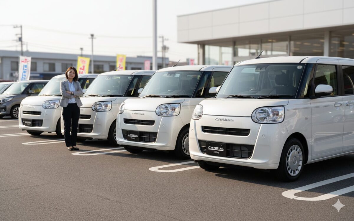 カーディーラーに並ぶ白のキャンバスセオリー
