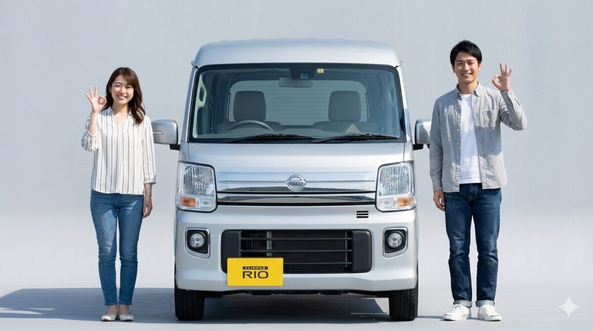 シルバーのクリッパーリオのそばでOKマークを作る男女