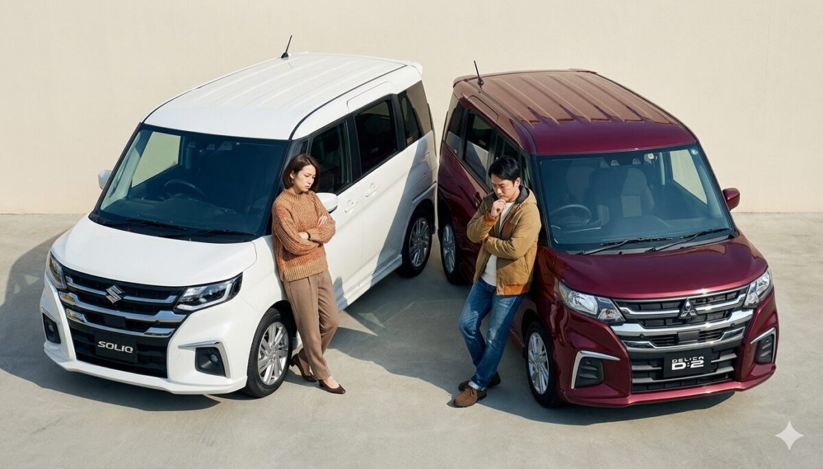 ソリオとデリカD2のそばで悩む男女