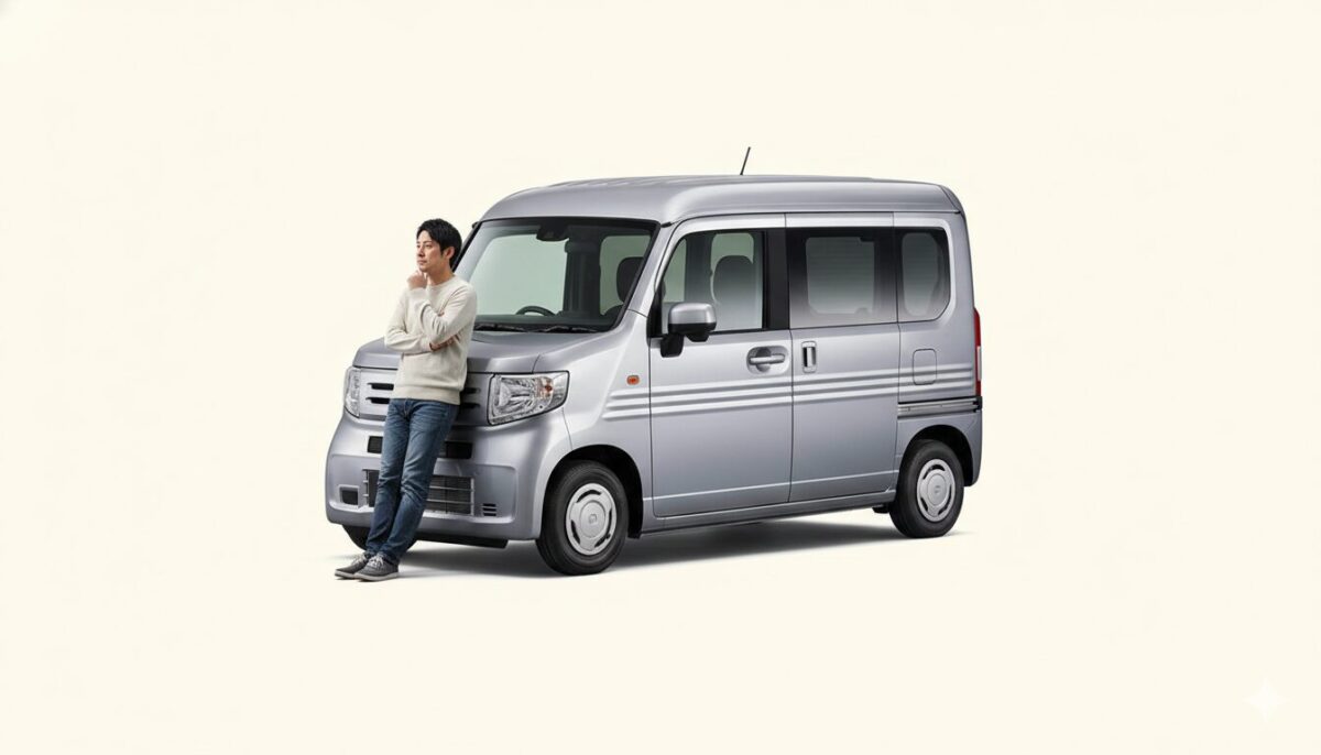 N-VANに寄りかかる男性