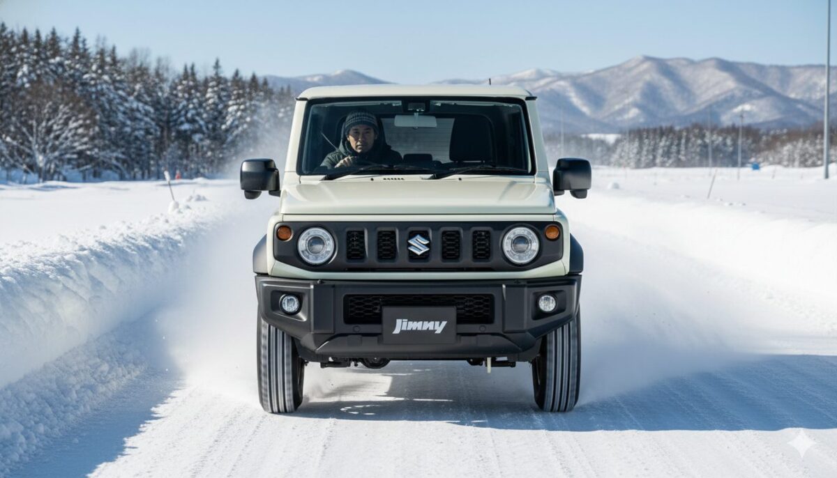 雪道を疾走する白のジムニー