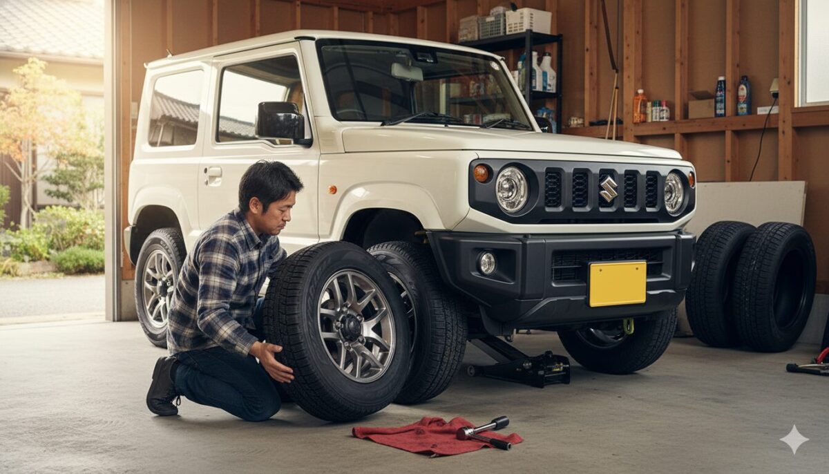 ガレージでジムニーのタイヤ交換をする男性