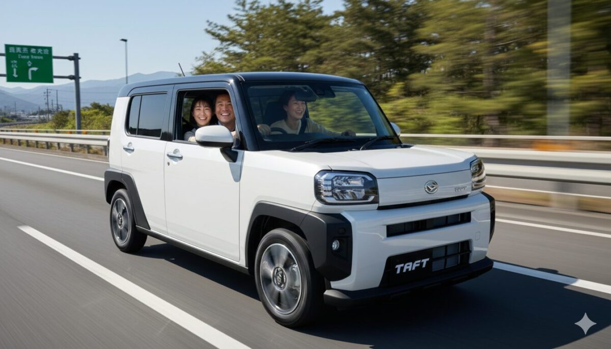 高速道路を走るタフトと乗車する3人家族