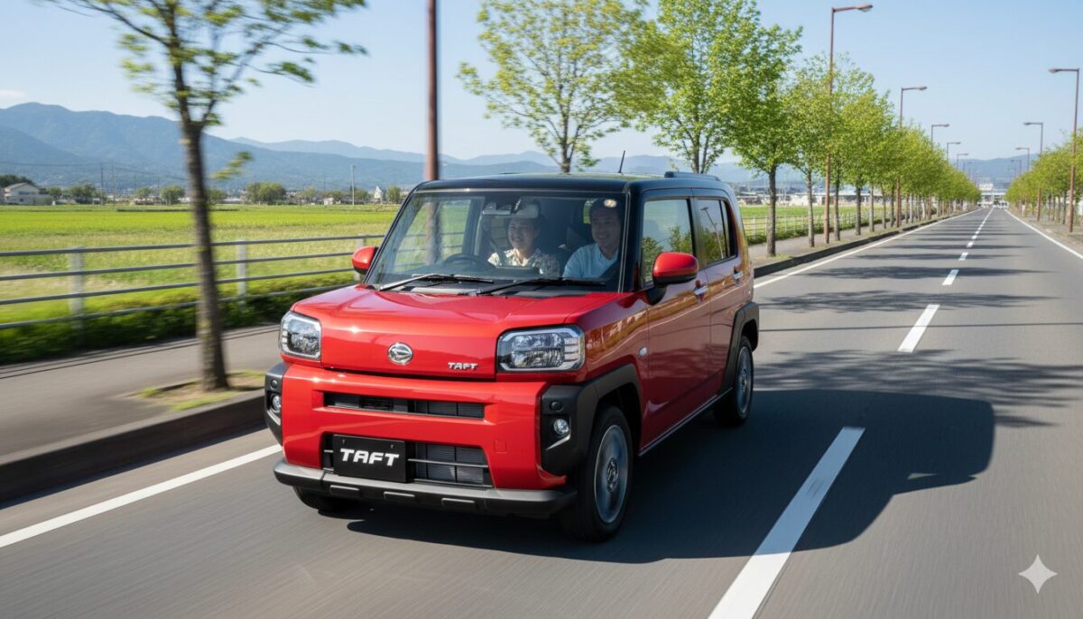 郊外の道を走行する赤いタフト