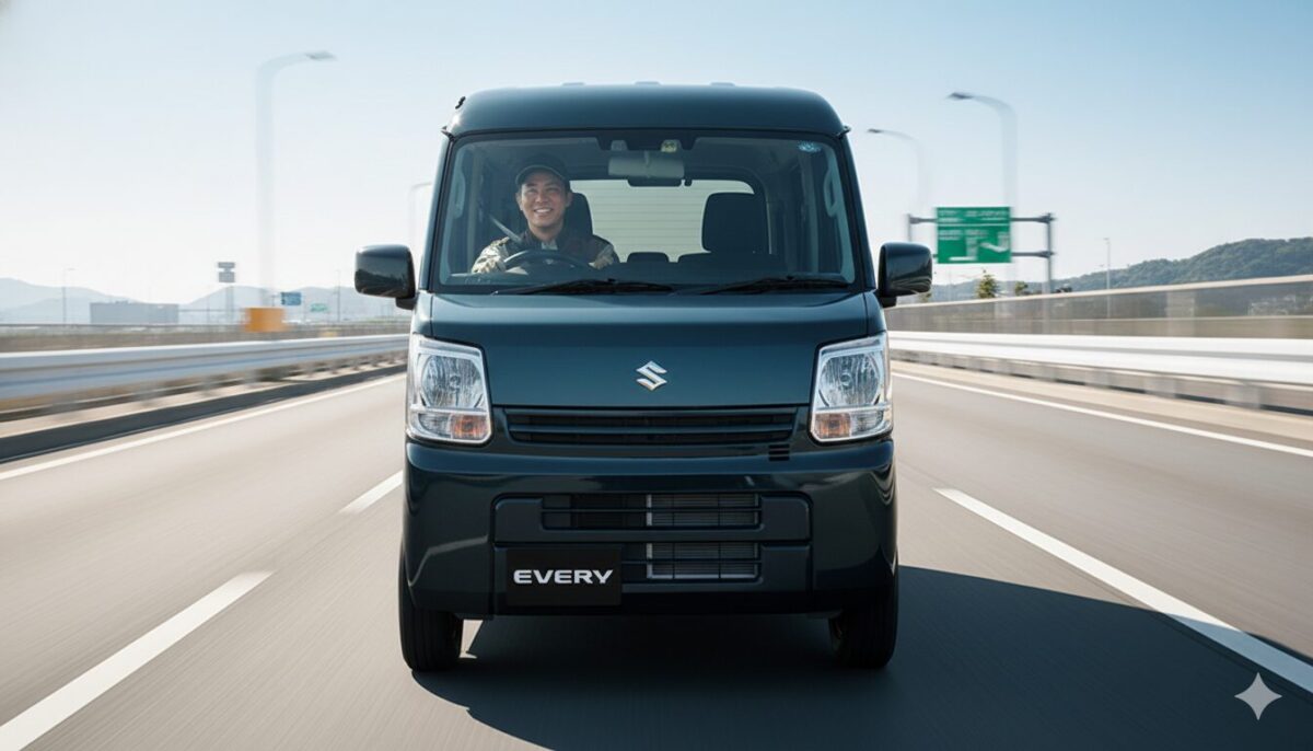 黒のエブリイで高速道路を運転する配送業者の男性