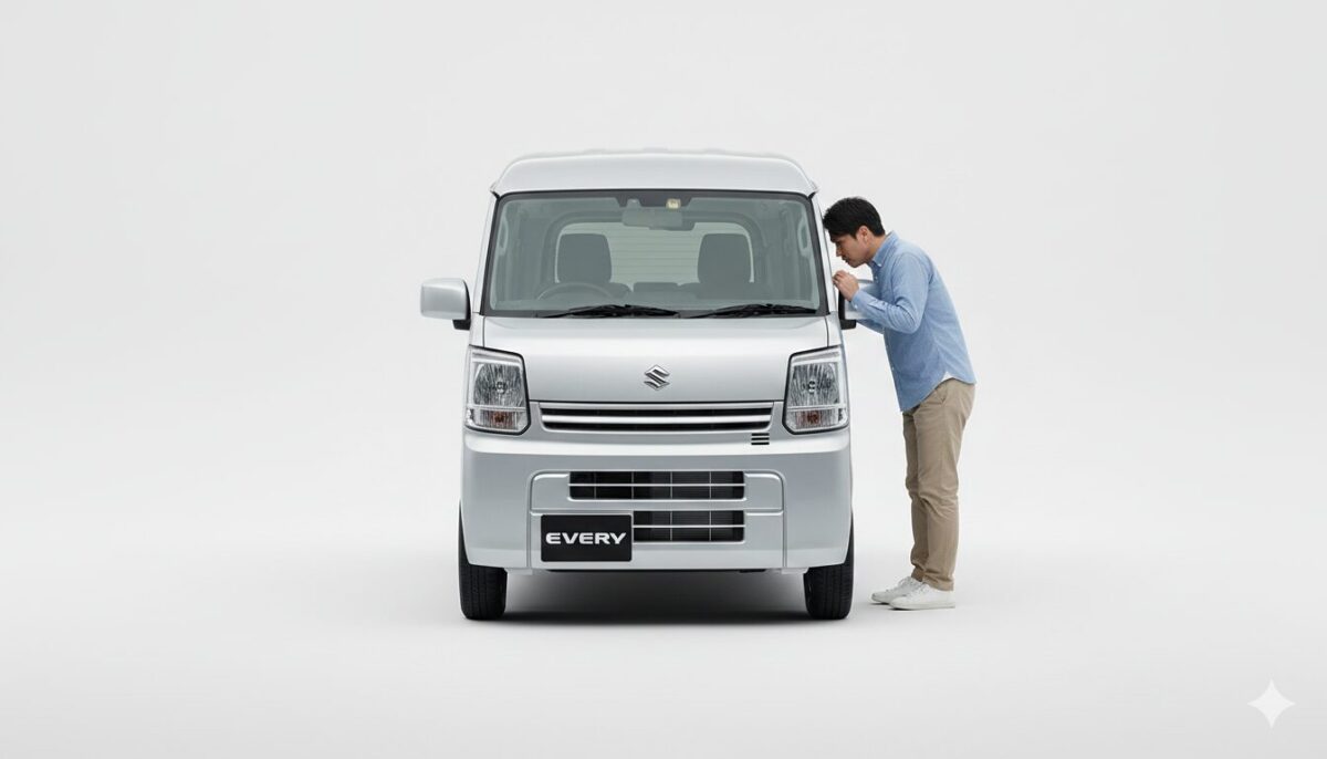 シルバーのエブリイの内部を見ている男性