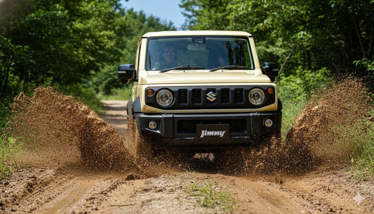 オフロードを疾走するアイボリーのジムニー