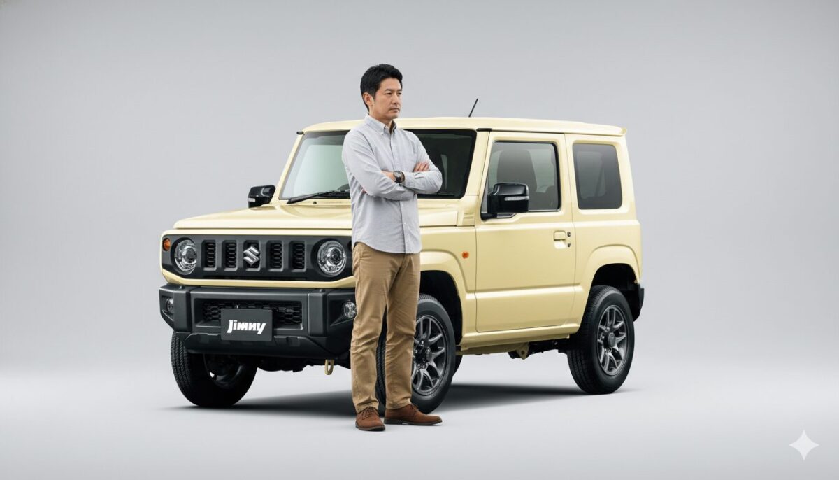 アイボリーのジムニーのまえに立って腕組みをする男性