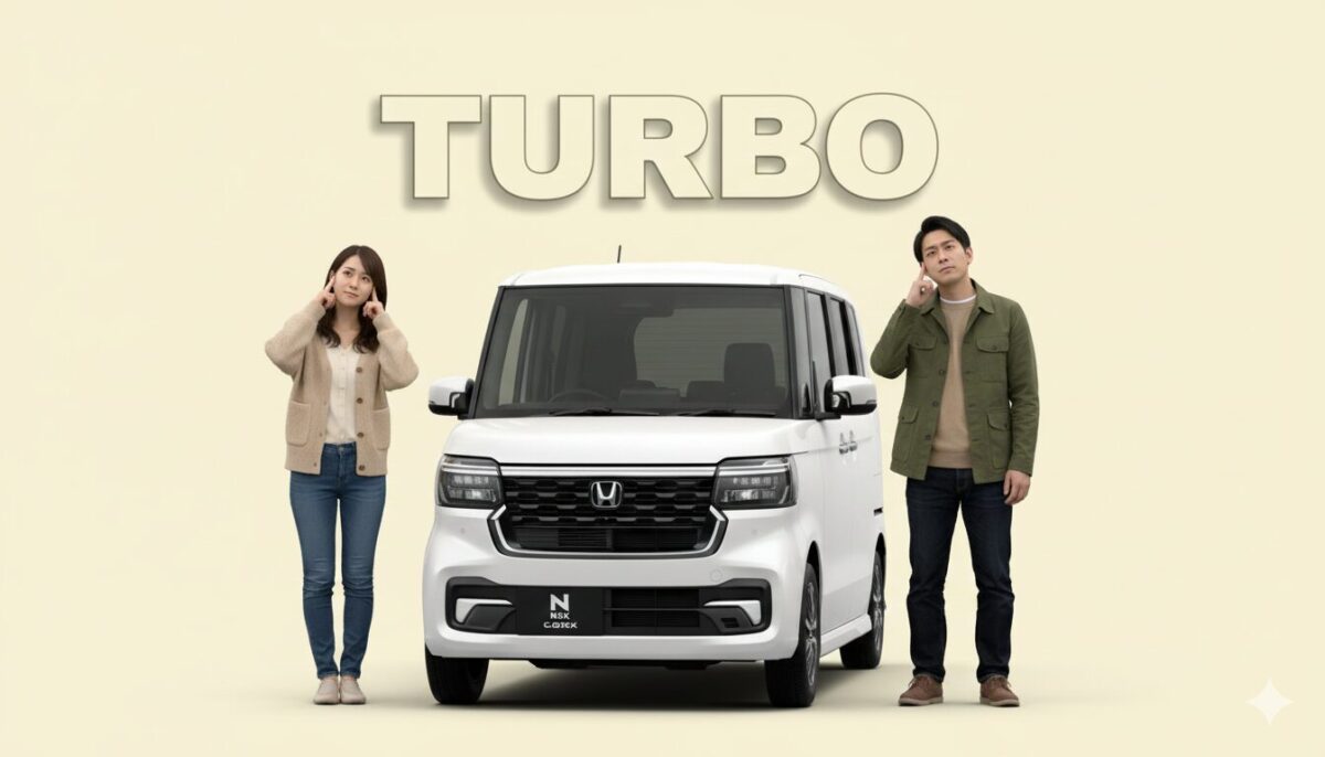 N-BOXカスタムの横でどうするか迷う男女