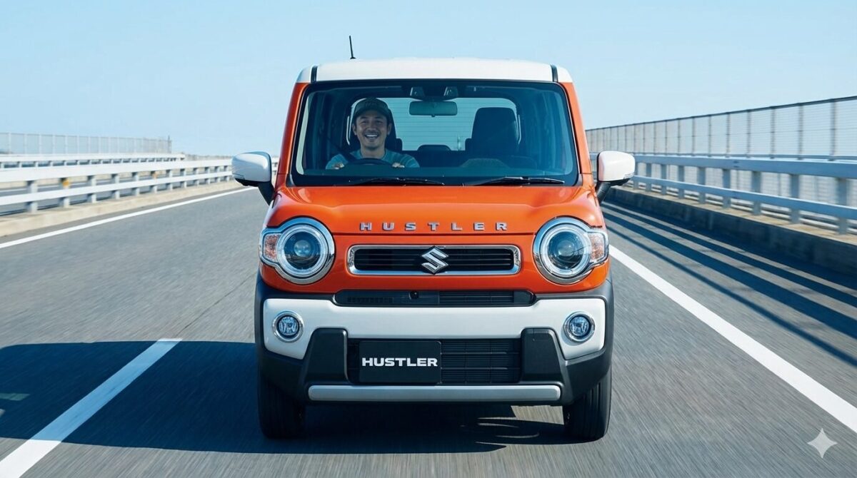 高速道路を走行するオレンジ色のハスラー