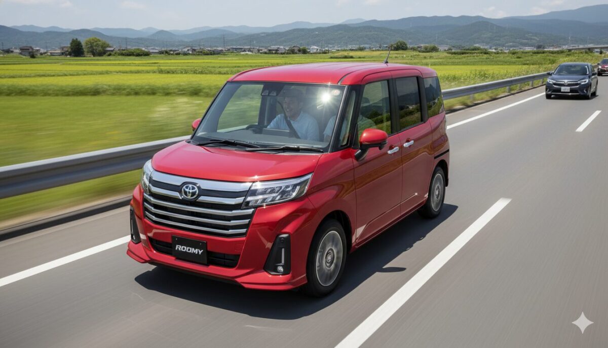 高速道を赤のルーミーで走行する男性