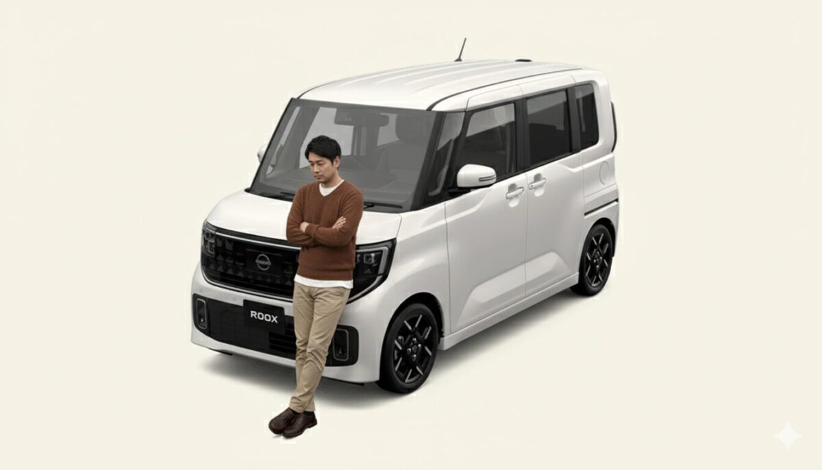 ルークスに寄りかかる40代の男性