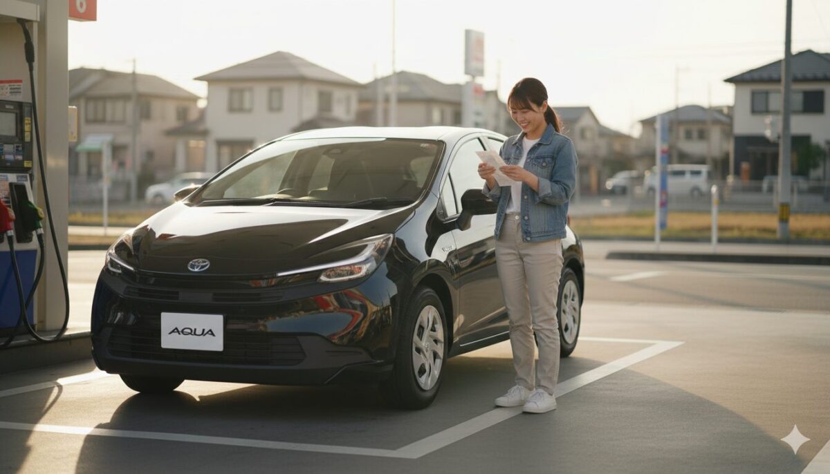 黒のアクアに給油してレシートを確認する女性