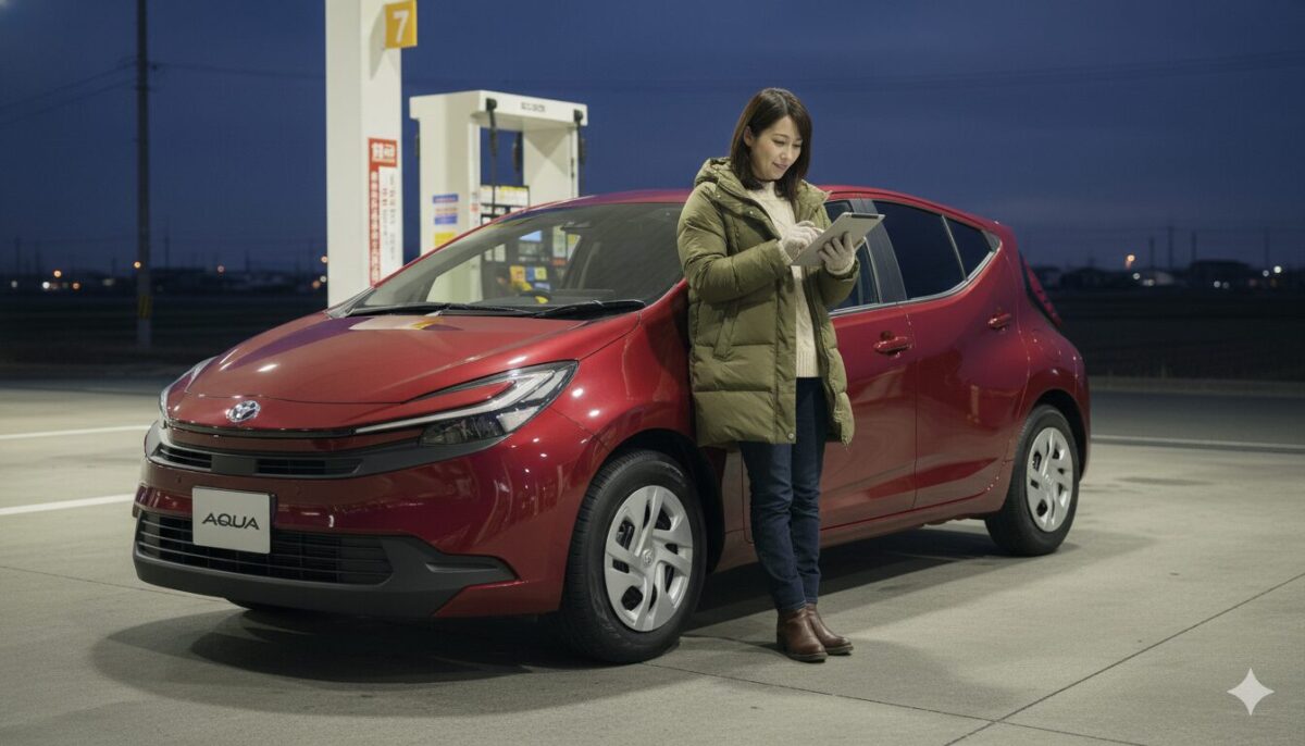 夜のガソリンスタンドで赤のアクアに給油する女性