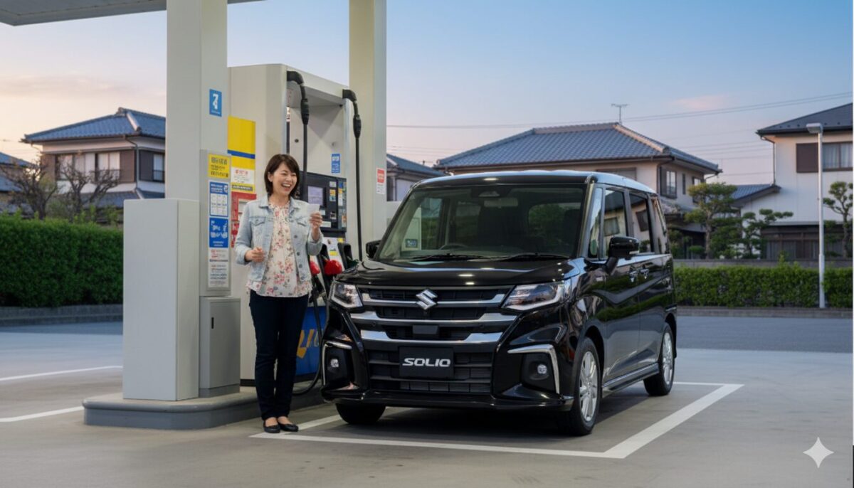 ソリオを給油したレシートを確認して喜ぶ女性