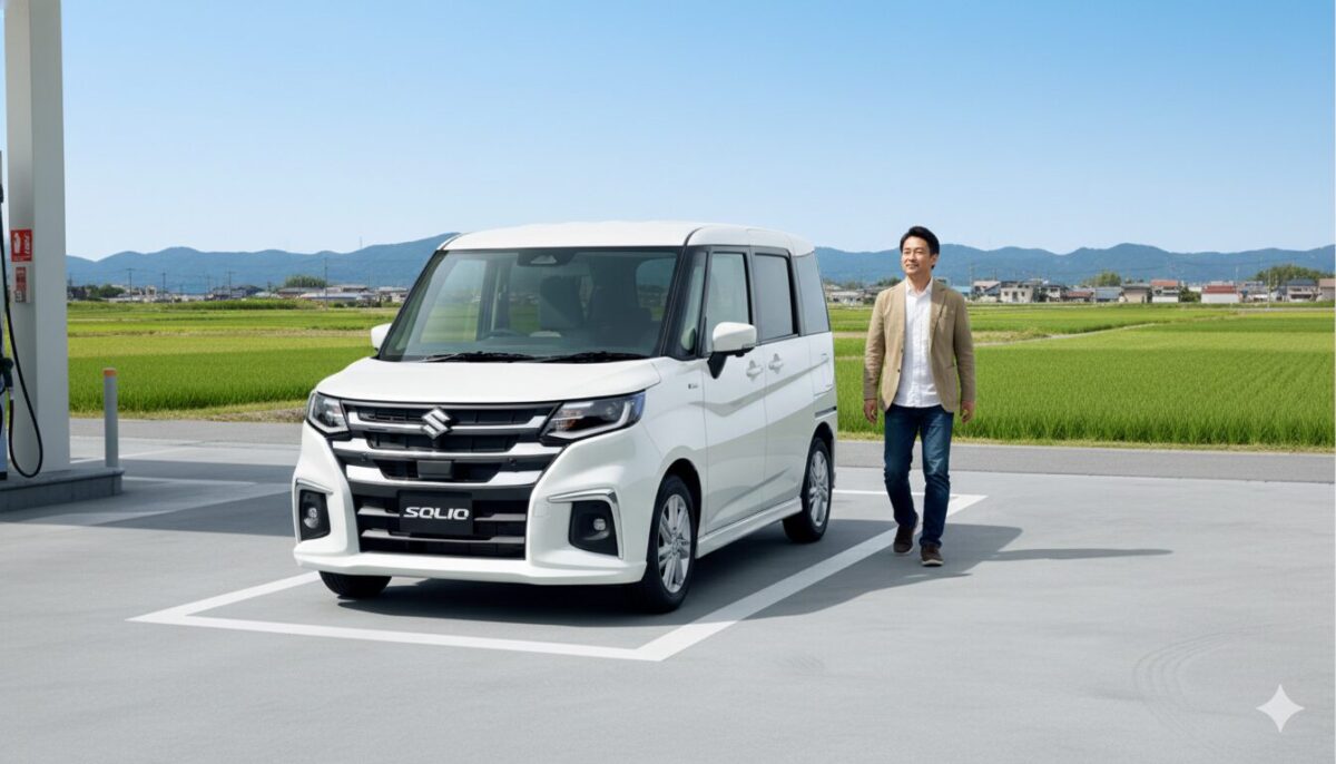 田舎のガソリンスタンドにソリオを停めた男性