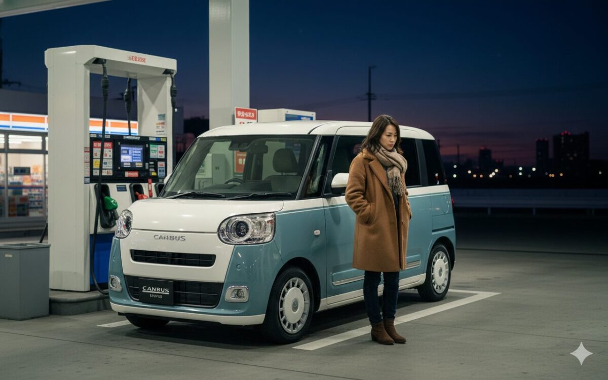 ガソリンスタンドに停車したムーブキャンバスの前で思案中の女性