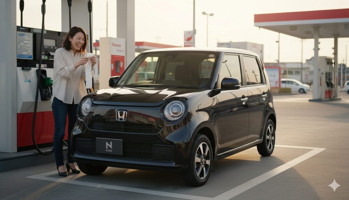 ガソリンスタンドに停めたN-ONEの横でレシートを確認して喜ぶ女性