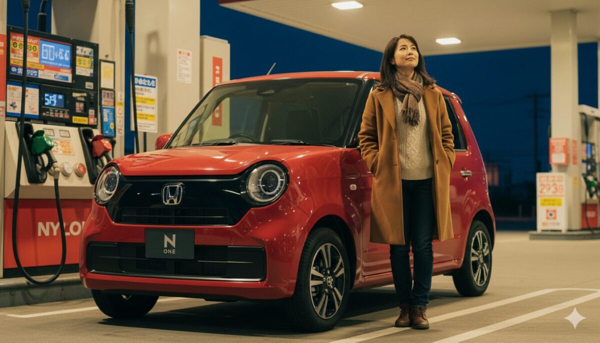 赤のN-ONEでガソリンスタンドに来た女性