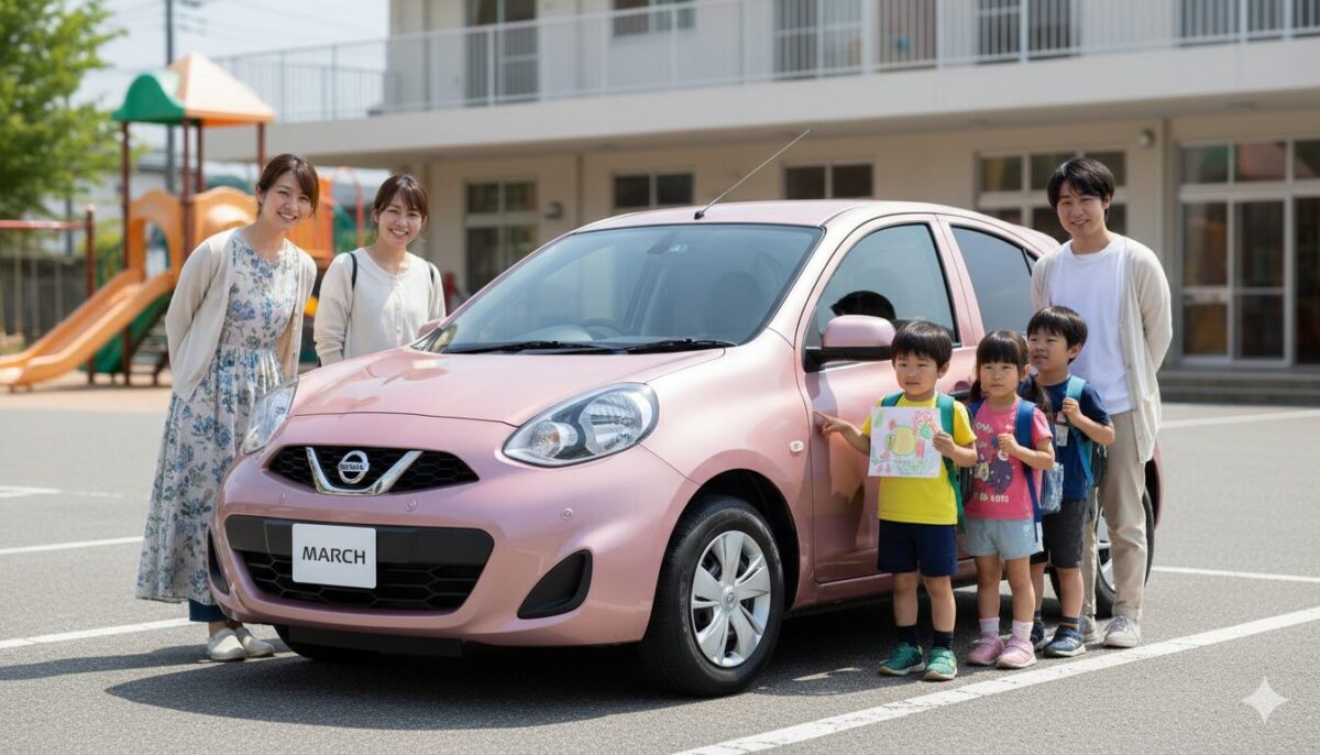 幼稚園に停めたピンクのマーチと親子の集団