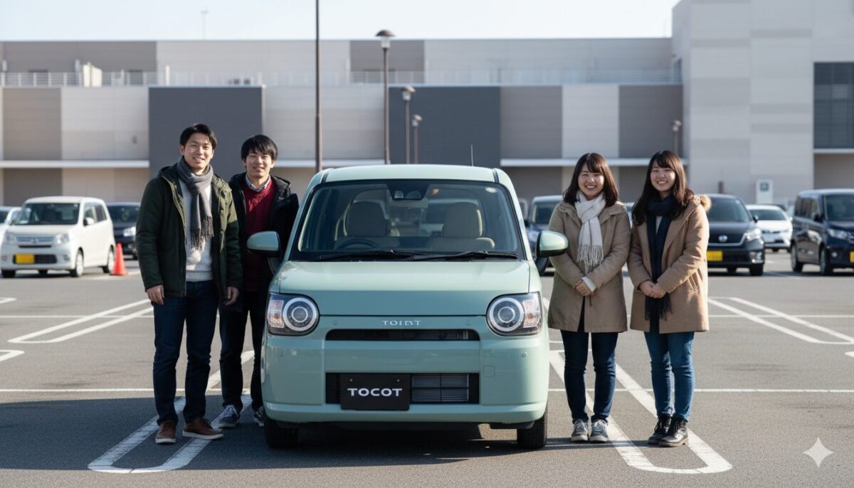 ショッピングモールに停めたトコットと大学生グループ