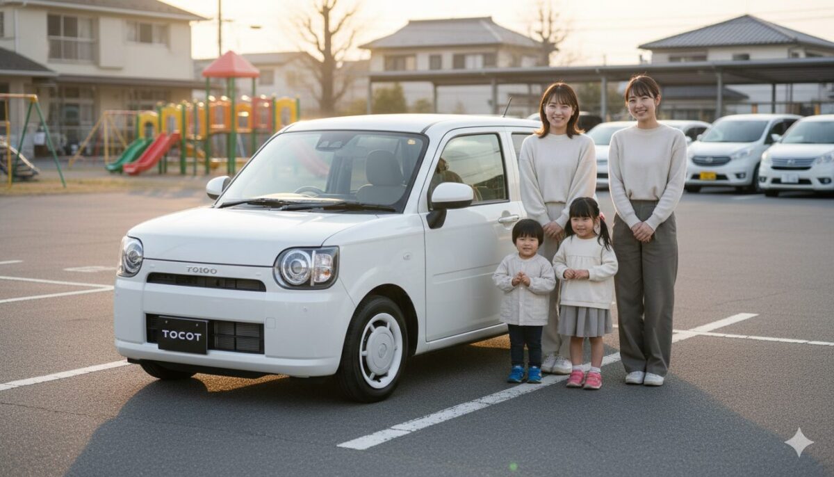 幼稚園に停めたトコットと母親と子供のグループ