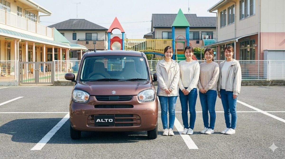 幼稚園の駐車場に置いたアルトの横に立つ4人のママさん