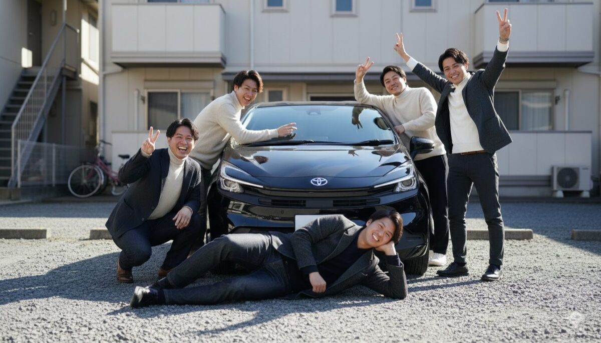 アパート前に停めた黒のアクアと20代の5人の男性